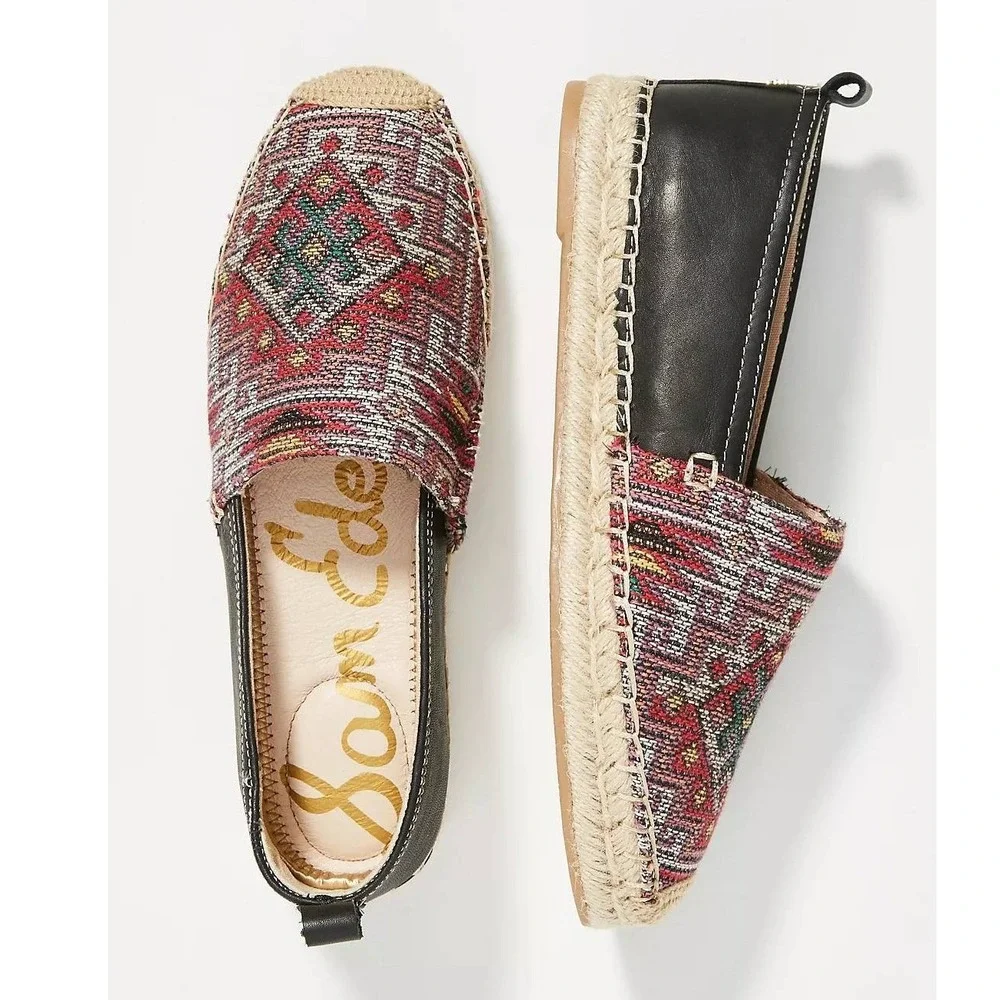Sam Edelman Khloe Espadrille Flats Women Geo Pattern Black Leather Size 8.5‎